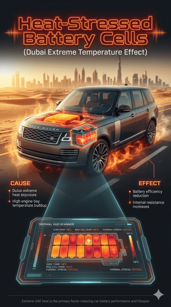 Luxury Dubai automotive infographic showing heat-stressed battery cells with thermal heat map, futuristic HUD diagnostics, and engine overheating effects in extreme summer conditions.