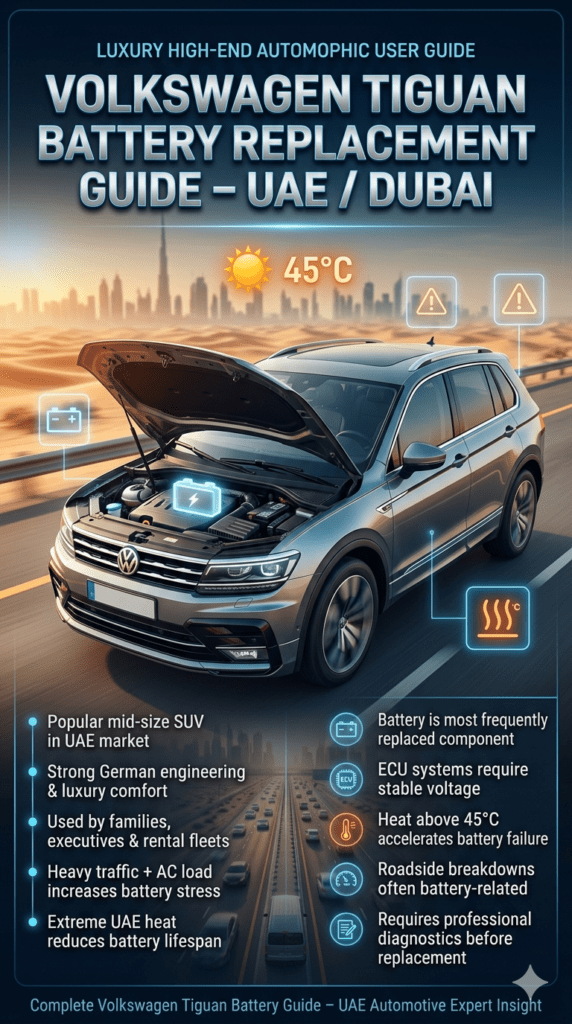 Volkswagen Tiguan battery replacement infographic showing SUV with open hood battery system, Dubai heat conditions, and side panels explaining UAE driving impact, luxury SUV usage, and battery failure risks.