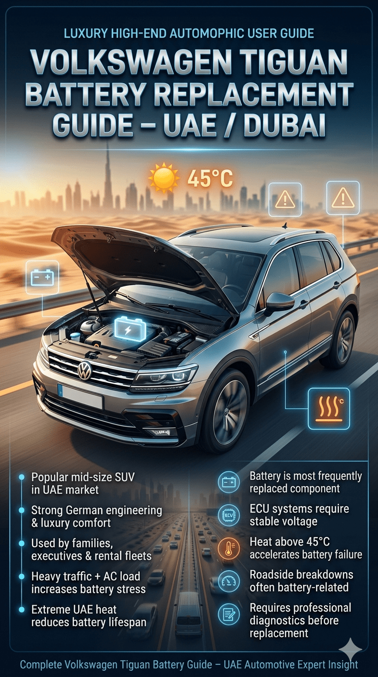 Volkswagen Tiguan battery replacement infographic showing SUV with open hood battery system, Dubai heat conditions, and side panels explaining UAE driving impact, luxury SUV usage, and battery failure risks.