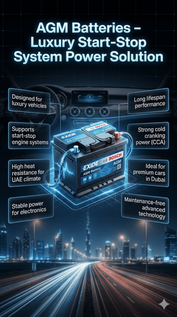 AGM battery infographic showing luxury car start-stop system compatibility, premium automotive battery technology, and Dubai heat-resistant vehicle power solution.