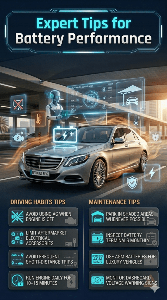 Luxury car battery maintenance infographic in Al Rolla Sharjah showing expert tips for improving battery life after replacement, including driving habits, maintenance practices, and voltage monitoring advice.