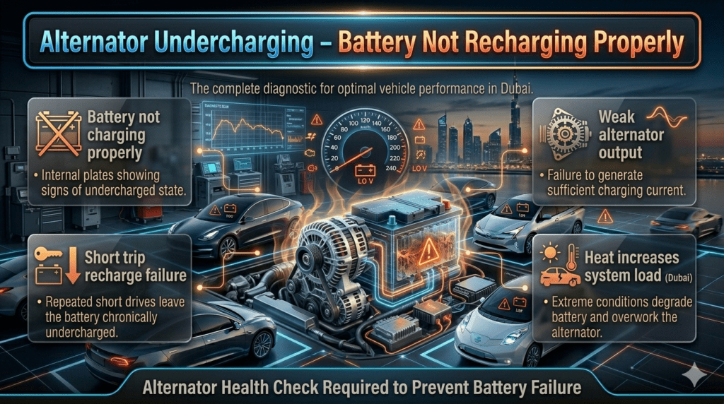 Car alternator undercharging diagram showing weak charging system, battery not recharging properly, and voltage loss in Dubai driving conditions