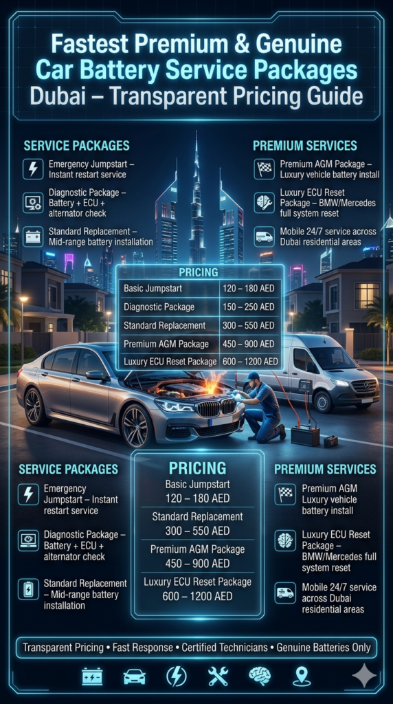 Futuristic Dubai car battery service pricing infographic showing jumpstart, diagnostic, replacement, AGM, and ECU reset packages with mobile technician and luxury vehicle in residential parking.