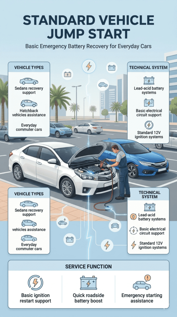 Clean automotive infographic showing standard vehicle jump start on a sedan in a simple urban roadside setting with technician using jumper cables, soft electric glow at battery connection, and side panels describing sedans, hatchbacks, lead-acid systems, and basic ignition restart support.