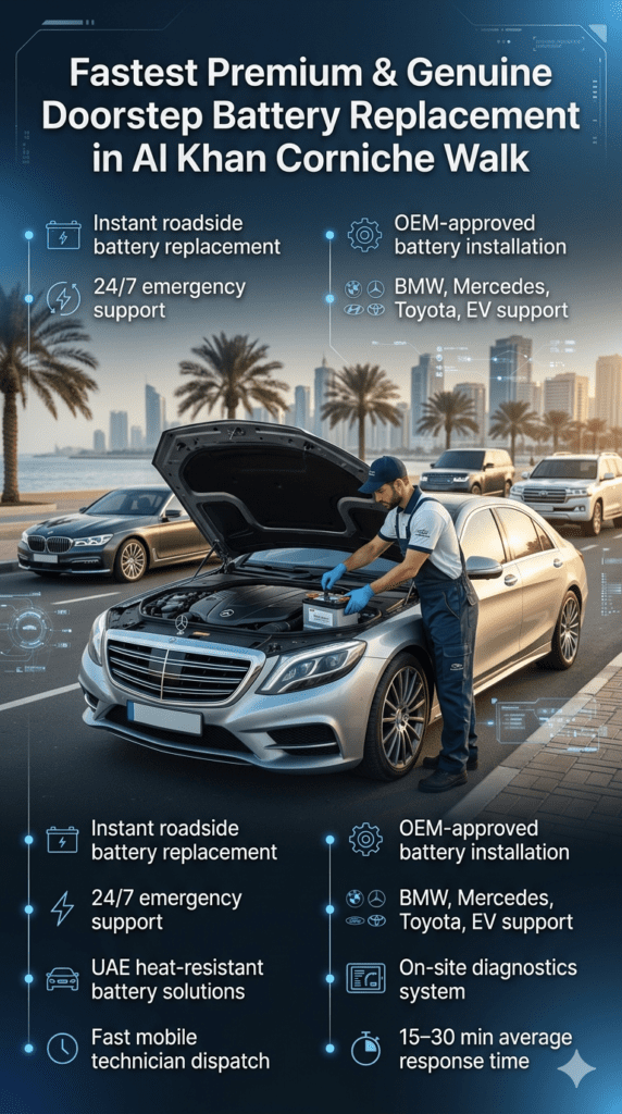 Premium roadside car battery replacement service in Al Khan Corniche Walk showing mobile technician replacing a car battery with luxury vehicles in background and infographic points describing fast emergency support and OEM installation.