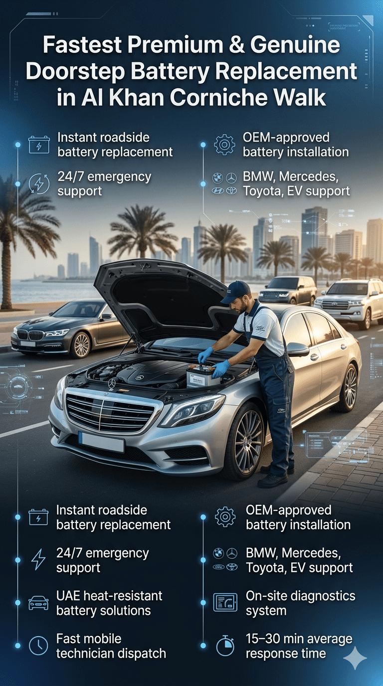 Premium roadside car battery replacement service in Al Khan Corniche Walk showing mobile technician replacing a car battery with luxury vehicles in background and infographic points describing fast emergency support and OEM installation.