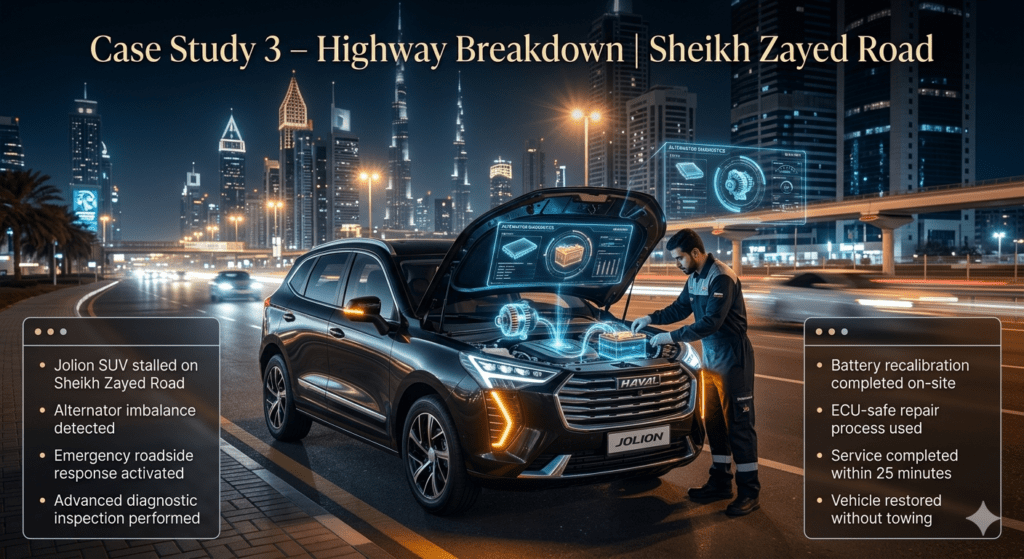 Haval Jolion highway battery breakdown case study on Sheikh Zayed Road showing alternator diagnostics, ECU-safe recalibration, and emergency roadside battery replacement service in Dubai.