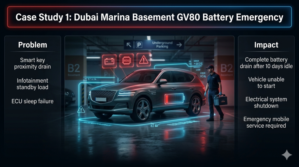 Case Study: Dubai Marina GV80 Battery Drain Emergency (Basement B2 Incident) Luxury automotive case study infographic showing GV80 battery drain emergency in Dubai Marina basement parking, highlighting smart key drain, infotainment load, and ECU sleep failure.
