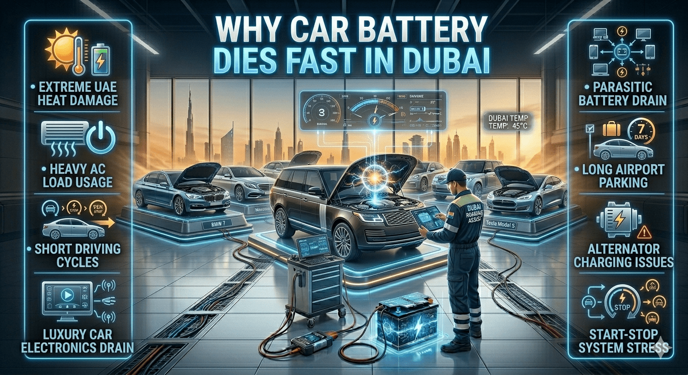 Luxury infographic showing why car batteries fail quickly in Dubai, with a premium car in the center, Dubai skyline background, and side panels listing heat, AC load, and electrical drain causes.