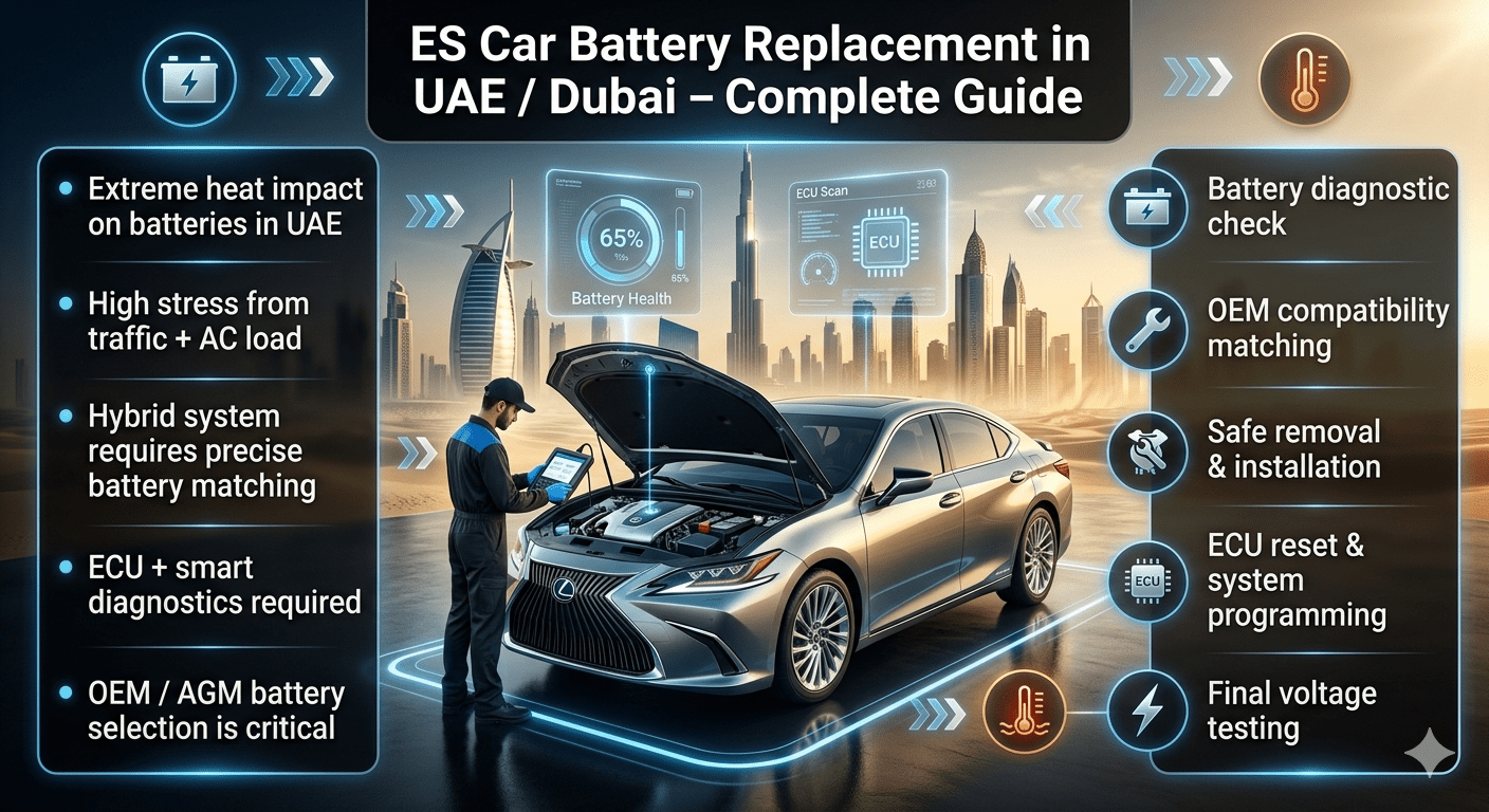 ES Car Battery Replacement in UAE Dubai infographic showing luxury Lexus ES sedan with battery diagnostics, ECU scanning, AGM battery replacement process, and Dubai heat impact guide