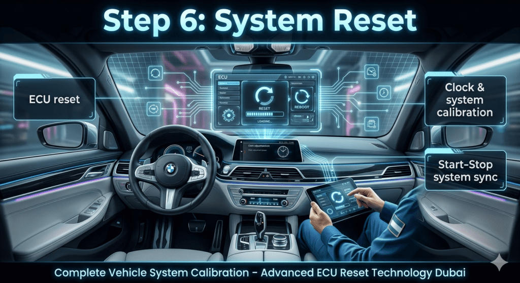 Step 6 System Reset – ECU Calibration & Start-Stop Sync Dubai Luxury car dashboard showing ECU reset process with clock calibration and start-stop system synchronization performed by technician using diagnostic tools in Dubai.