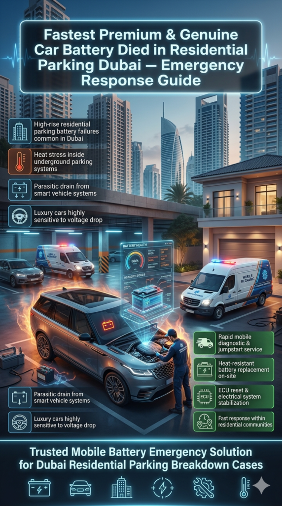 Luxury car battery failure in Dubai residential parking showing mobile technician performing emergency jumpstart and diagnostic scan with futuristic holographic battery system display.