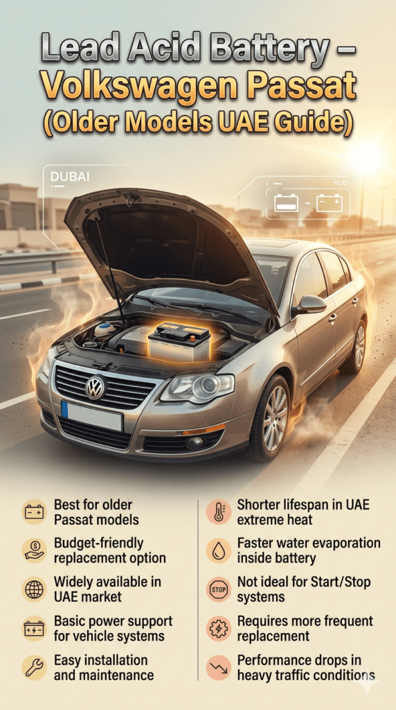 Infographic showing lead acid battery used in older Volkswagen Passat models with UAE heat environment, highlighting budget-friendly nature, shorter lifespan, and basic performance features in a clear automotive layout.