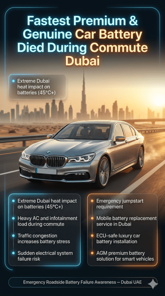 Luxury car battery failure during commute in Dubai showing emergency roadside breakdown with heat impact, mobile battery service infographic guide.