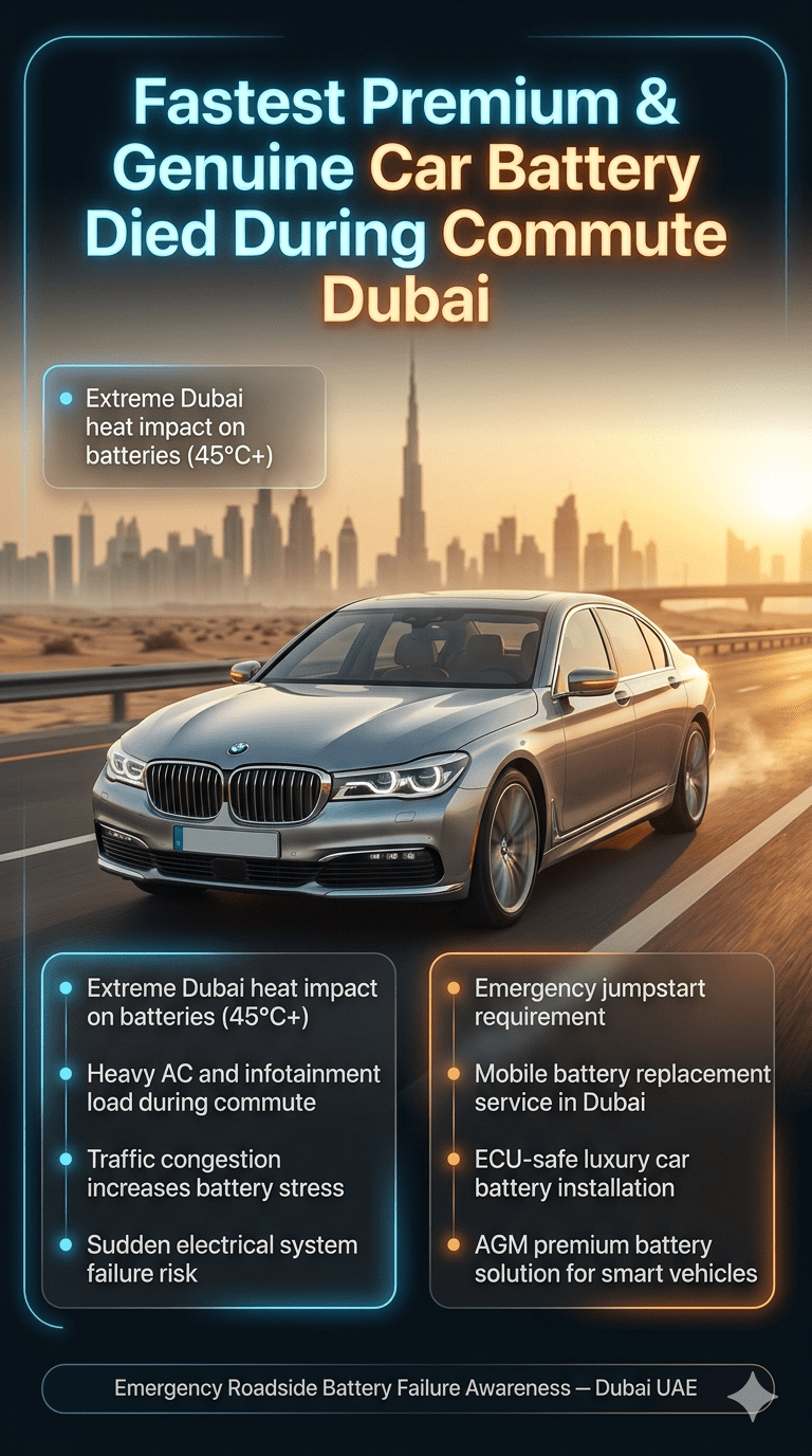 Luxury car battery failure during commute in Dubai showing emergency roadside breakdown with heat impact, mobile battery service infographic guide.