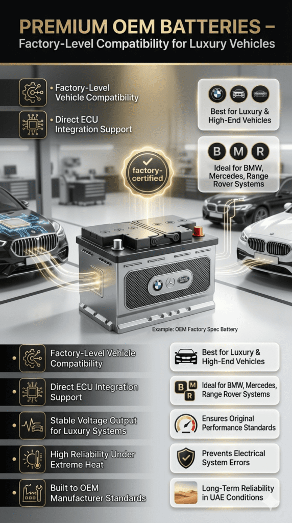 Premium OEM car battery designed for luxury vehicles with factory-level compatibility, ECU integration support, and high reliability under extreme UAE heat conditions.