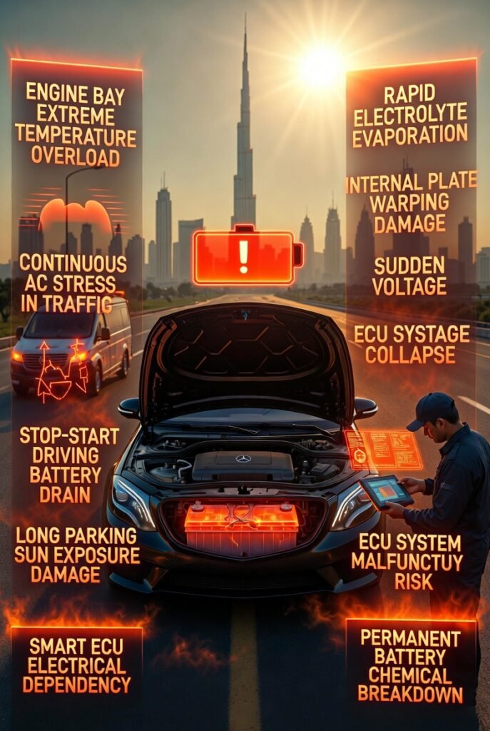 Luxury car in Dubai showing heat-damaged battery failure with technician performing emergency roadside inspection under extreme temperature conditions.