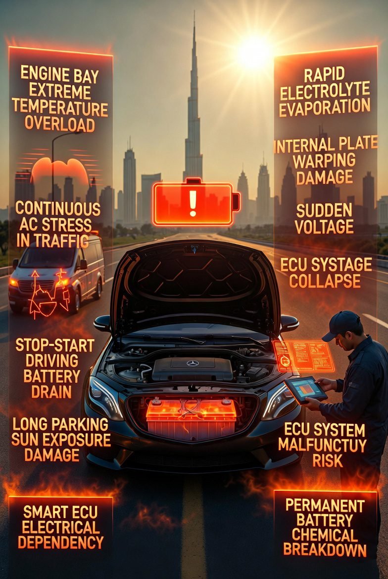 Luxury car in Dubai showing heat-damaged battery failure with technician performing emergency roadside inspection under extreme temperature conditions.