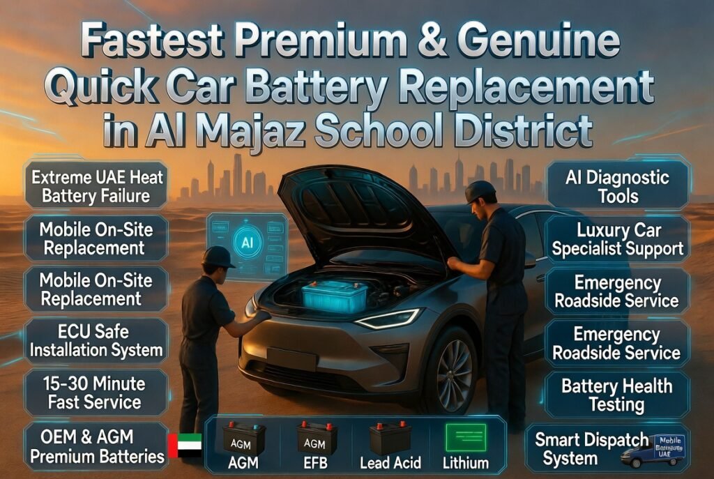 Fastest Premium & Genuine Quick Car Battery Replacement in Al Majaz School District infographic showing luxury car battery replacement process in UAE with mobile technician, AI diagnostics, and premium roadside service system.