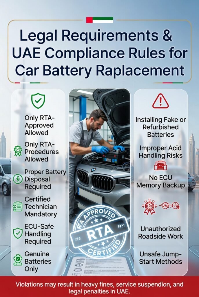 Automotive technician performing certified car battery replacement with ECU-safe tools and compliance indicators showing UAE legal requirements, approved procedures, and violation warnings for unsafe battery installation practices.