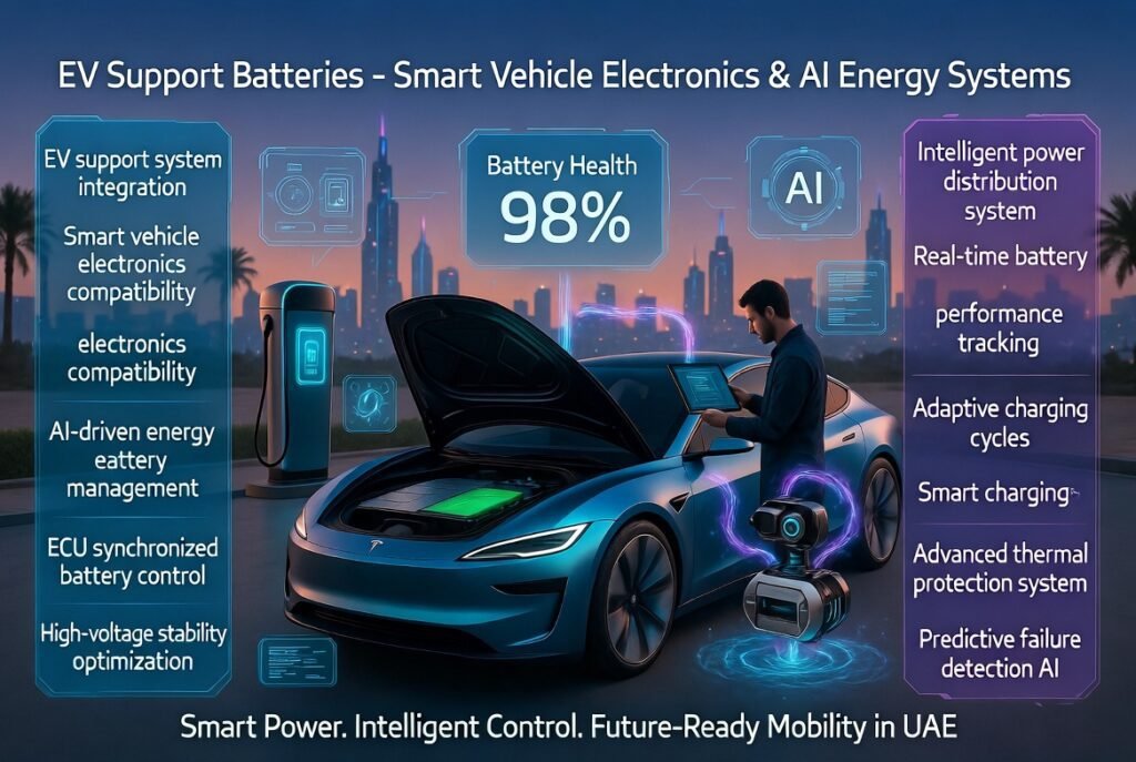Premium mobile car battery replacement service in Al Nahda 1 Dubai with luxury vehicle, AGM battery, roadside assistance technician, and modern automotive emergency support graphics.