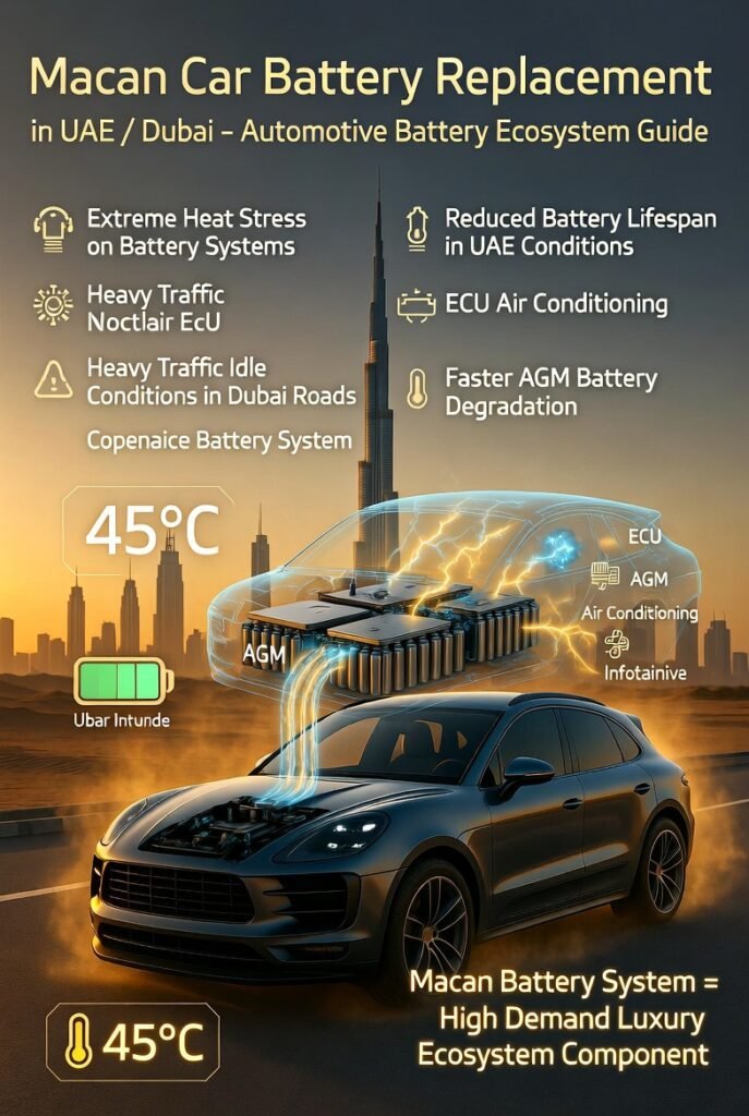 Luxury infographic showing Porsche Macan in Dubai environment with battery ecosystem visualization, highlighting UAE heat impact, traffic conditions, and electronic load effects on vehicle battery performance.