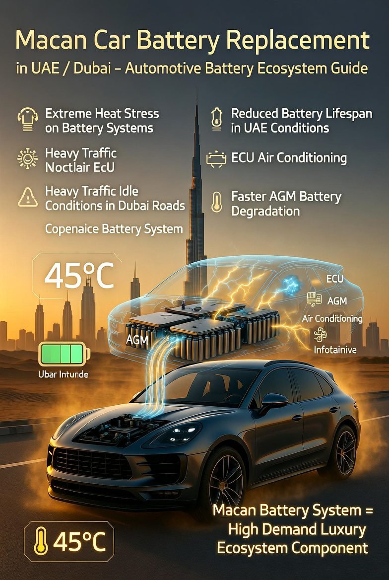 Luxury infographic showing Porsche Macan in Dubai environment with battery ecosystem visualization, highlighting UAE heat impact, traffic conditions, and electronic load effects on vehicle battery performance.