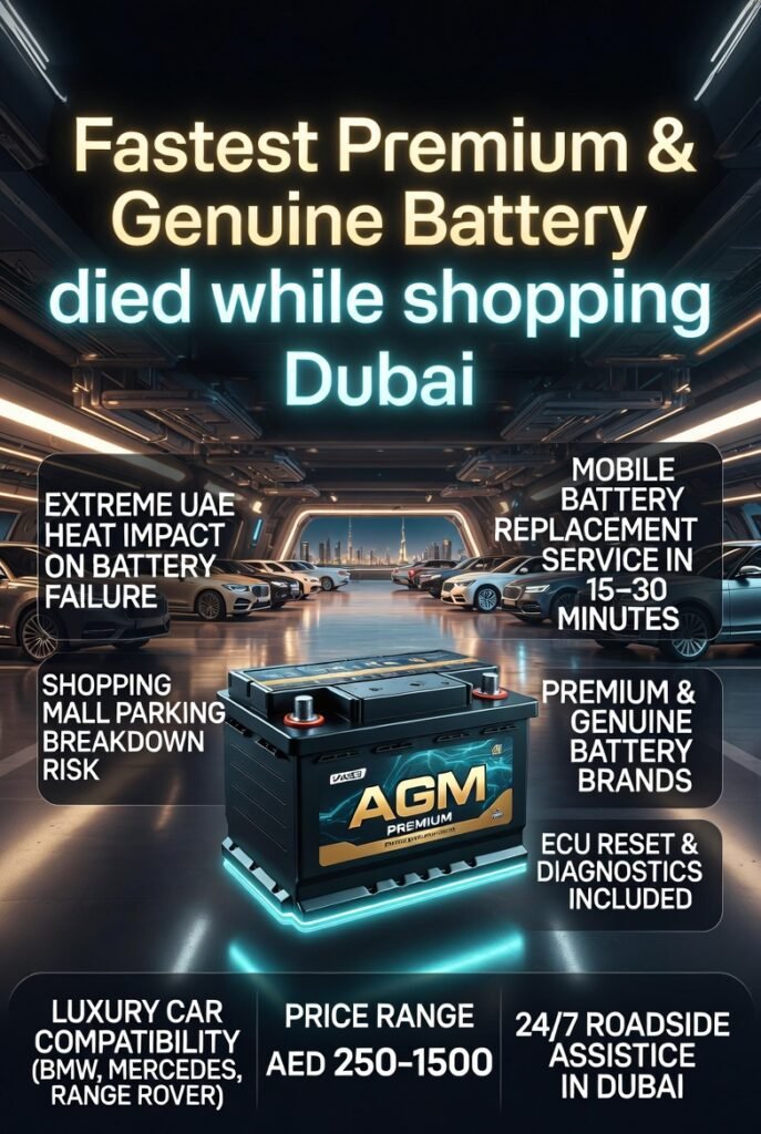 Luxury Dubai automotive guide poster showing a premium car battery failure scenario in shopping mall parking with infographic tips about Fastest Premium & Genuine Battery died while shopping Dubai including replacement, pricing, and emergency roadside service.