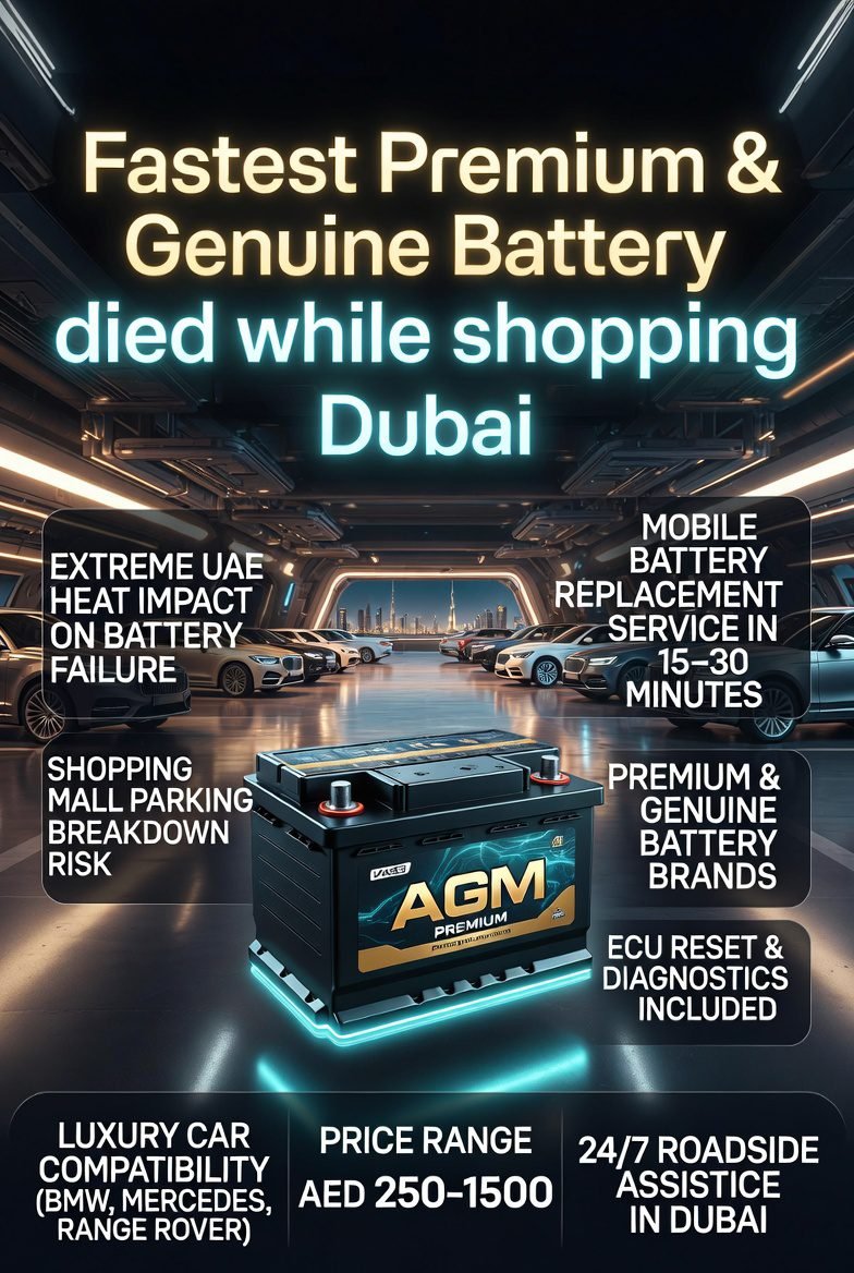 Luxury Dubai automotive guide poster showing a premium car battery failure scenario in shopping mall parking with infographic tips about Fastest Premium & Genuine Battery died while shopping Dubai including replacement, pricing, and emergency roadside service.