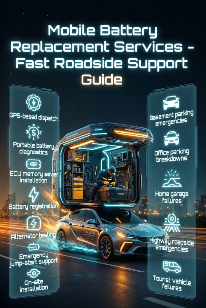 Mobile battery replacement van providing roadside support with technician, diagnostic tools, and service features listed in an animated infographic layout.