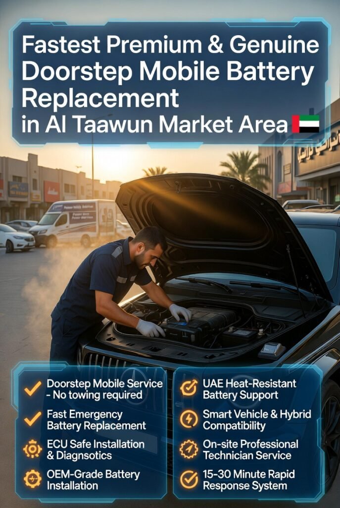 Mobile doorstep car battery replacement service in Al Taawun Market Area showing a technician performing ECU-safe battery installation in a luxury car with diagnostic tools and emergency roadside support in UAE residential environment.