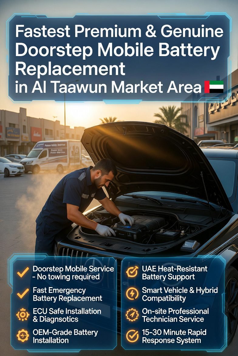 Mobile doorstep car battery replacement service in Al Taawun Market Area showing a technician performing ECU-safe battery installation in a luxury car with diagnostic tools and emergency roadside support in UAE residential environment.