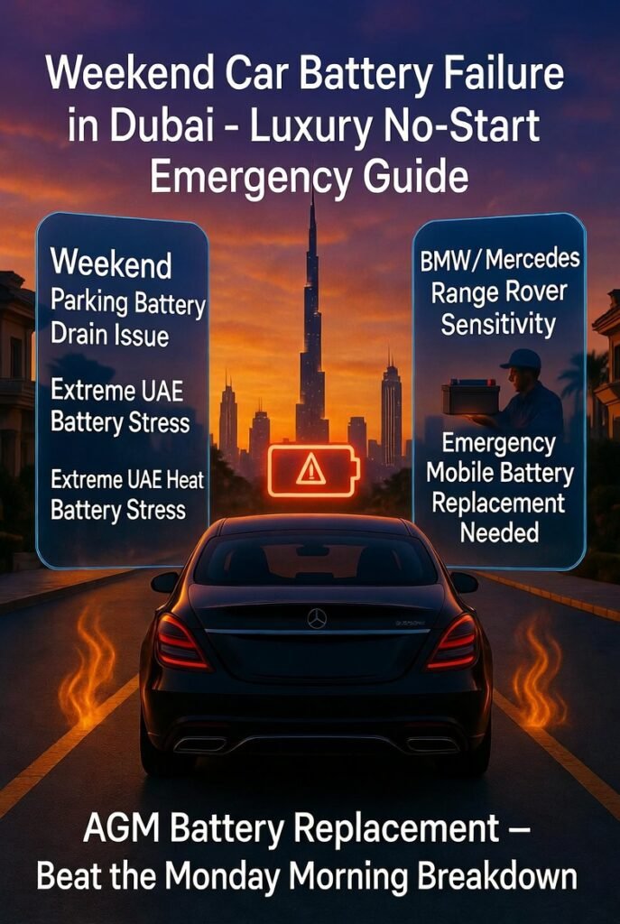 Luxury car unable to start after weekend parking in Dubai heat with mobile battery technician performing emergency replacement service in modern city environment.