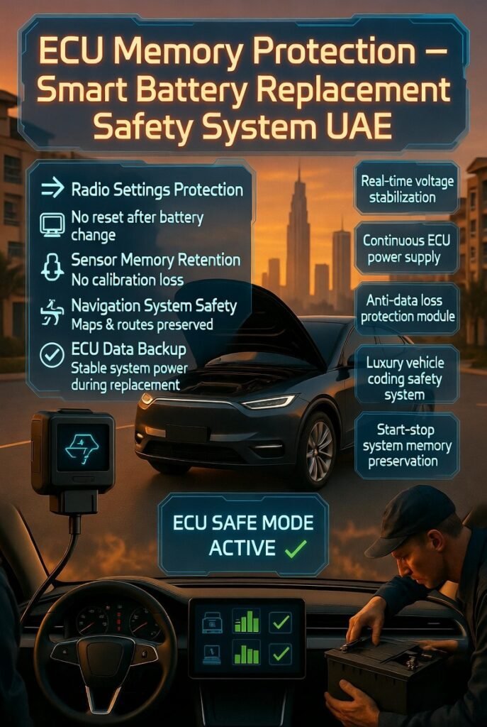 Technician installing ECU memory saver device during car battery replacement in UAE, protecting radio settings, sensors, and navigation system in a luxury car with futuristic diagnostic interface in a Dubai roadside service environment.