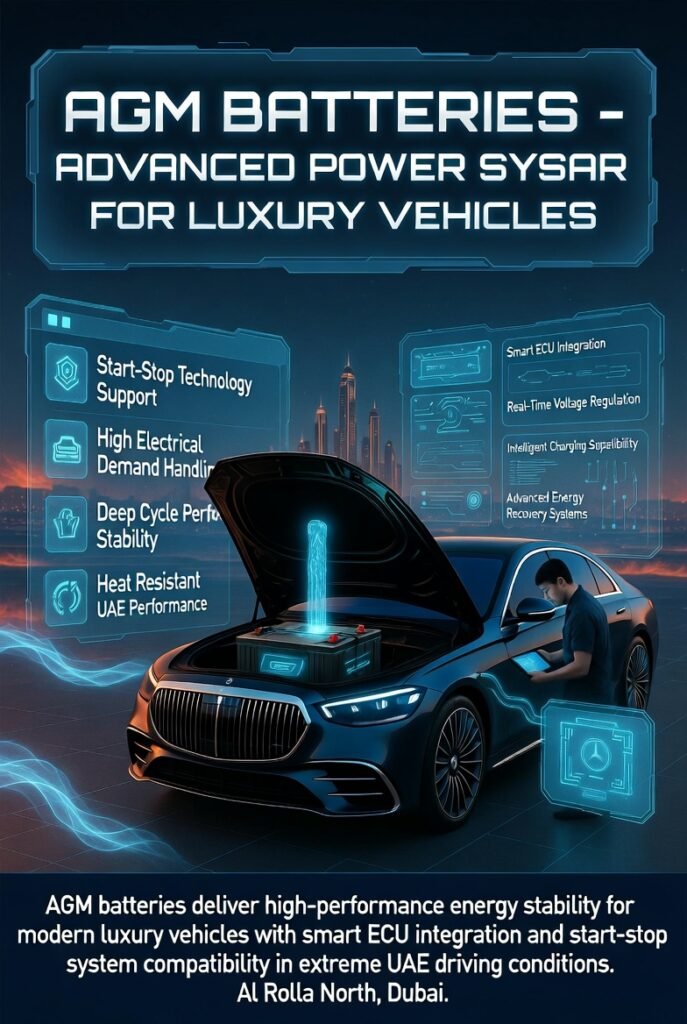 Luxury car AGM battery system infographic showing start-stop technology, ECU integration, and high electrical demand support in premium vehicles in Dubai.