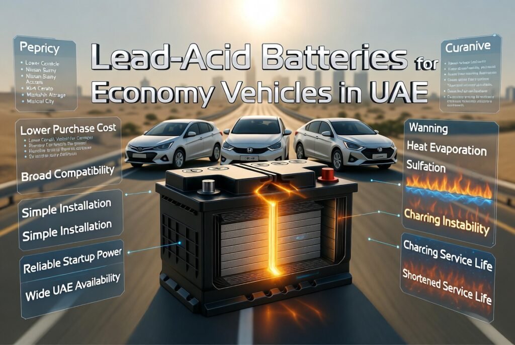 Premium automotive infographic showing lead-acid car battery usage in UAE economy vehicles with Toyota Corolla, Nissan Sunny, Hyundai Accent, Kia Cerato, Honda City, Mitsubishi Attrage, and visual indicators of heat damage, sulfation, charging instability, and battery advantages around a central battery model.