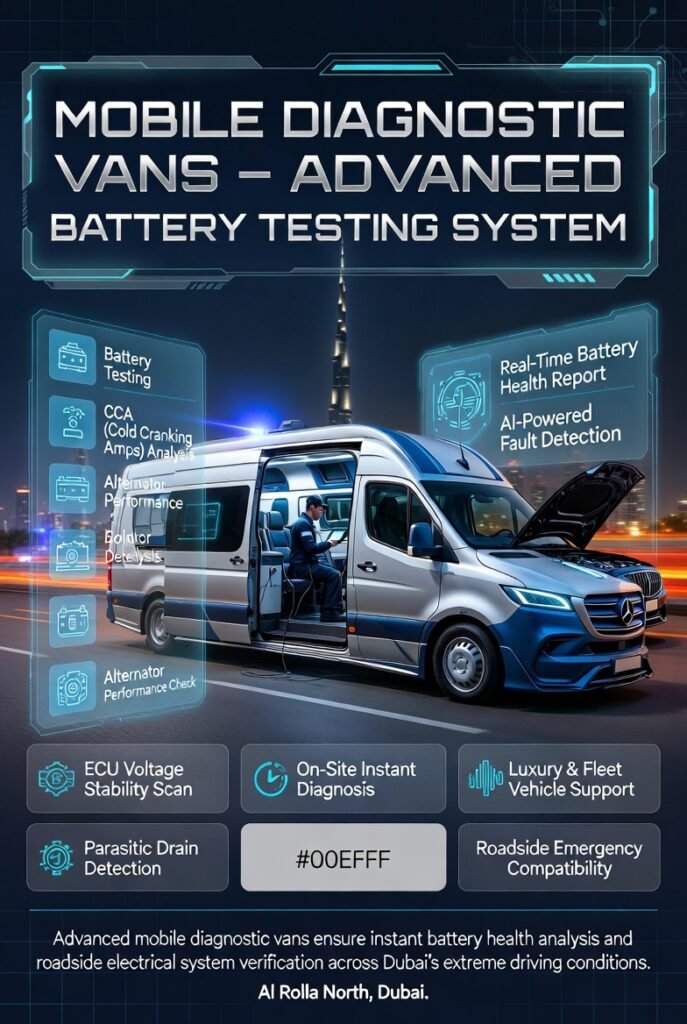 Premium mobile diagnostic van in Dubai performing car battery voltage testing, ECU scan, alternator check, and parasitic drain detection with advanced digital automotive tools.