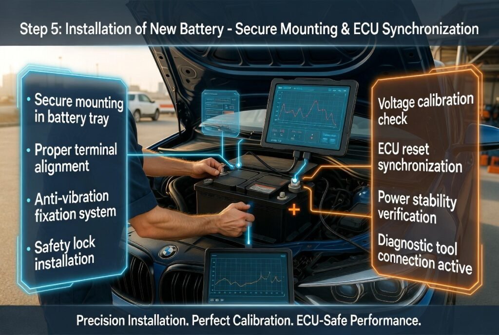 Technician installing new car battery with secure mounting, voltage calibration, and ECU reset synchronization using diagnostic tools in professional UAE roadside service environment.