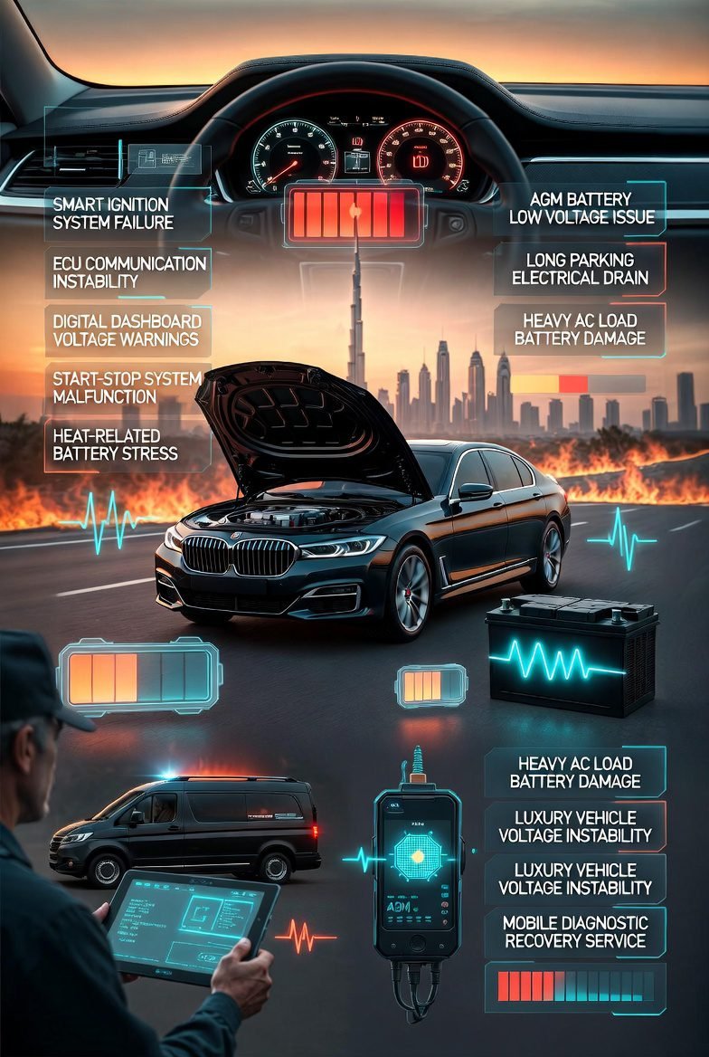 Luxury vehicle in Dubai experiencing low battery voltage issue with professional roadside technician performing advanced ECU diagnostics and AGM battery testing.