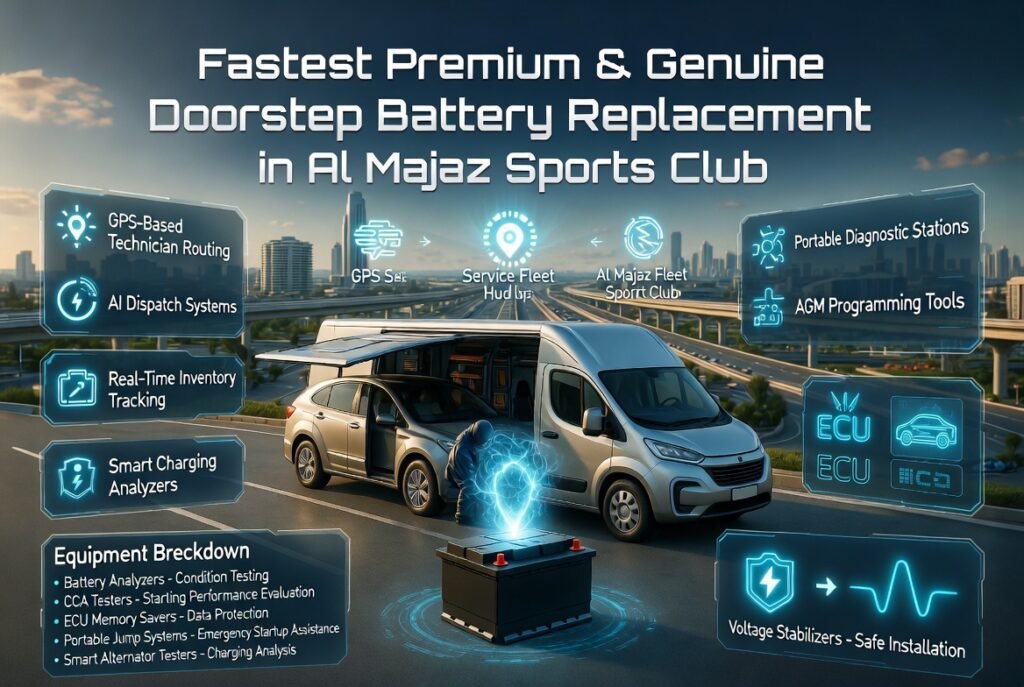 Premium automotive infographic showing mobile battery replacement infrastructure in Al Majaz Sports Club with GPS dispatch systems, AI routing, diagnostic tools, ECU-safe installation, smart charging analyzers, and fully equipped mobile battery vans with professional equipment panels.
