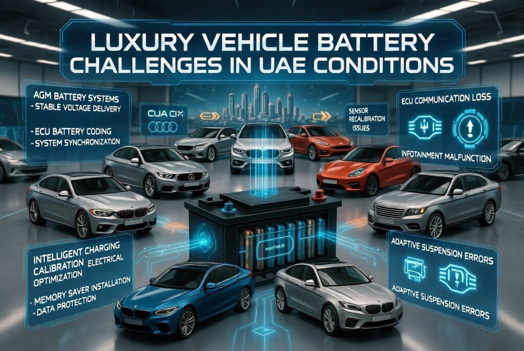 Premium automotive infographic showing luxury car battery challenges in UAE with BMW, Mercedes, Audi, Porsche, Lexus, Range Rover, Cadillac, and Maserati vehicles, AGM battery systems, ECU coding, smart charging calibration, and warning error symbols around a central glowing premium battery.