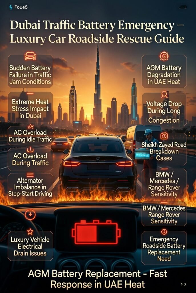 Luxury car battery failure in Dubai traffic jam with roadside emergency technician replacing battery on Sheikh Zayed Road under extreme heat conditions.