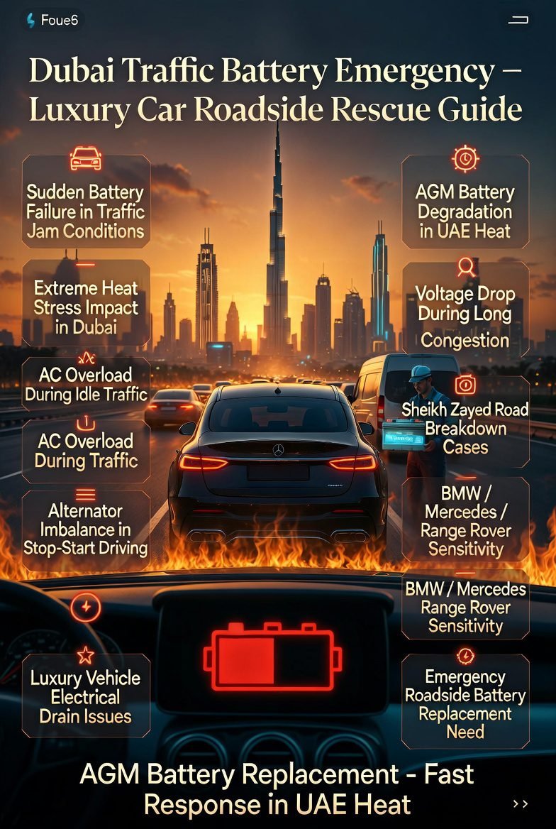 Luxury car battery failure in Dubai traffic jam with roadside emergency technician replacing battery on Sheikh Zayed Road under extreme heat conditions.