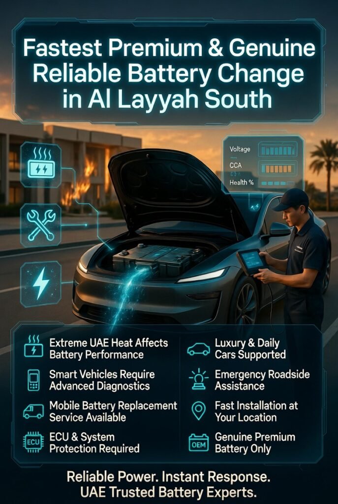 Fastest Premium & Genuine Reliable Battery Change in Al Layyah South showing luxury car battery replacement service with technician performing mobile diagnostics in UAE heat conditions