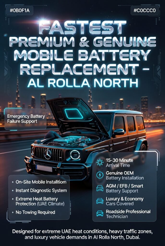 Luxury mobile car battery replacement service infographic in Al Rolla North Dubai showing emergency roadside battery installation, diagnostic system, and premium automotive support in extreme heat conditions.