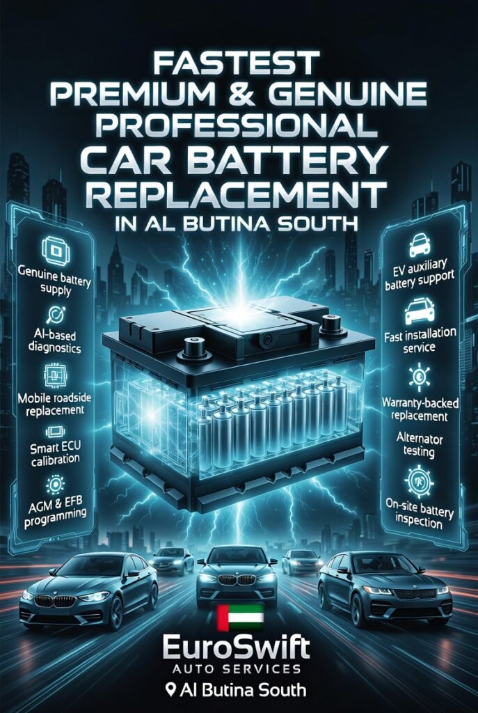 Premium automotive infographic showing fastest professional car battery replacement service in Al Butina South with central glowing battery, luxury cars, and AI diagnostic features highlighted on sides.