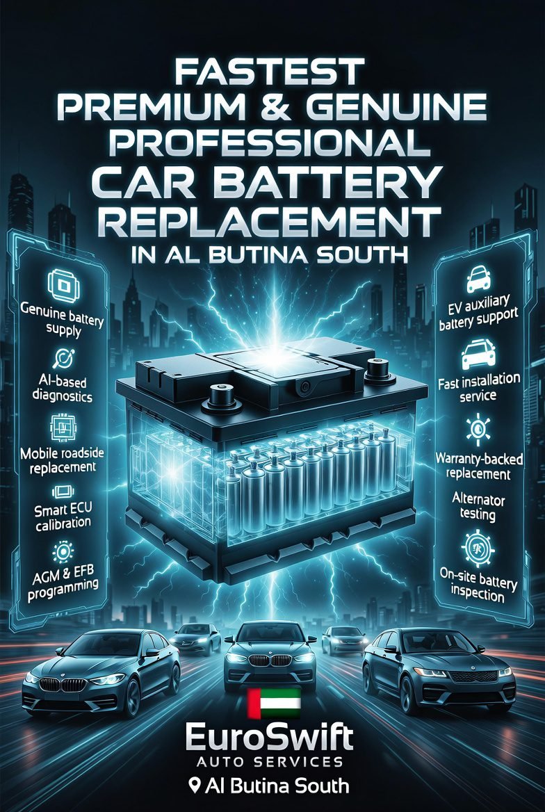 Premium automotive infographic showing fastest professional car battery replacement service in Al Butina South with central glowing battery, luxury cars, and AI diagnostic features highlighted on sides.