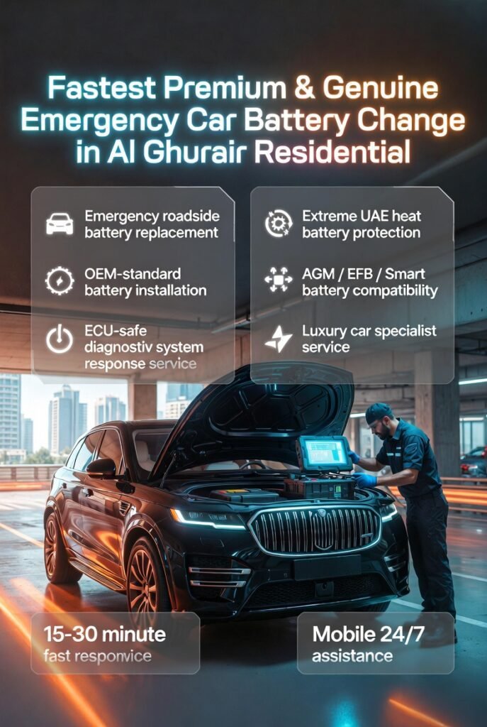 Professional emergency car battery replacement service in Al Ghurair Residential, Dubai, showing a technician installing a premium battery in a luxury car with infographic highlights of fast ECU-safe roadside assistance and UAE heat-resistant automotive service.