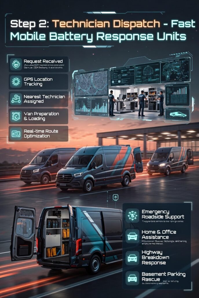 Mobile battery technician dispatch system showing equipped vans, tools, and real-time GPS tracking from a modern automotive service center.