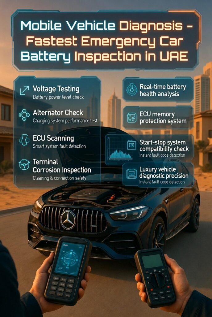 Mobile car battery diagnostic service in UAE showing a technician performing voltage testing, alternator check, ECU scanning, and terminal corrosion inspection on a luxury car in a Dubai residential area with futuristic infographic overlays.